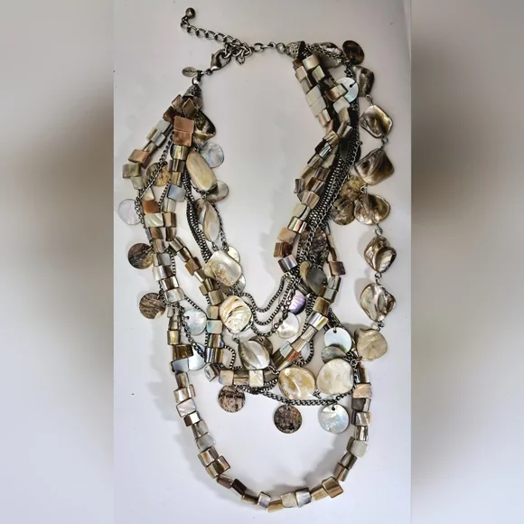 Mother Of Pearl Layered Multi Strand Silver Tone Necklace - Picture 2 of 3